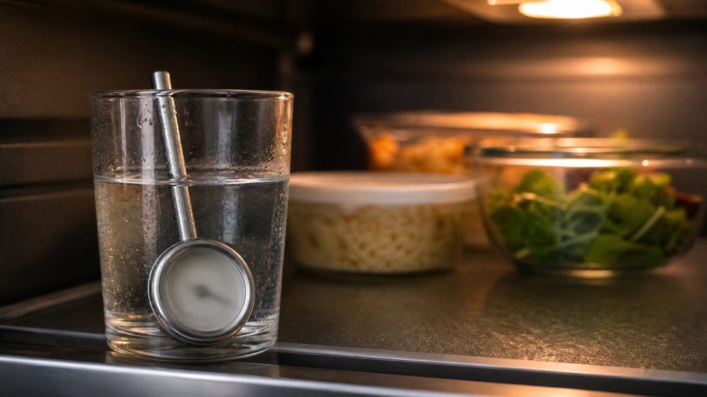 A household thermometer on a shelf in a lit refrigerator — the symptom, not the machine.