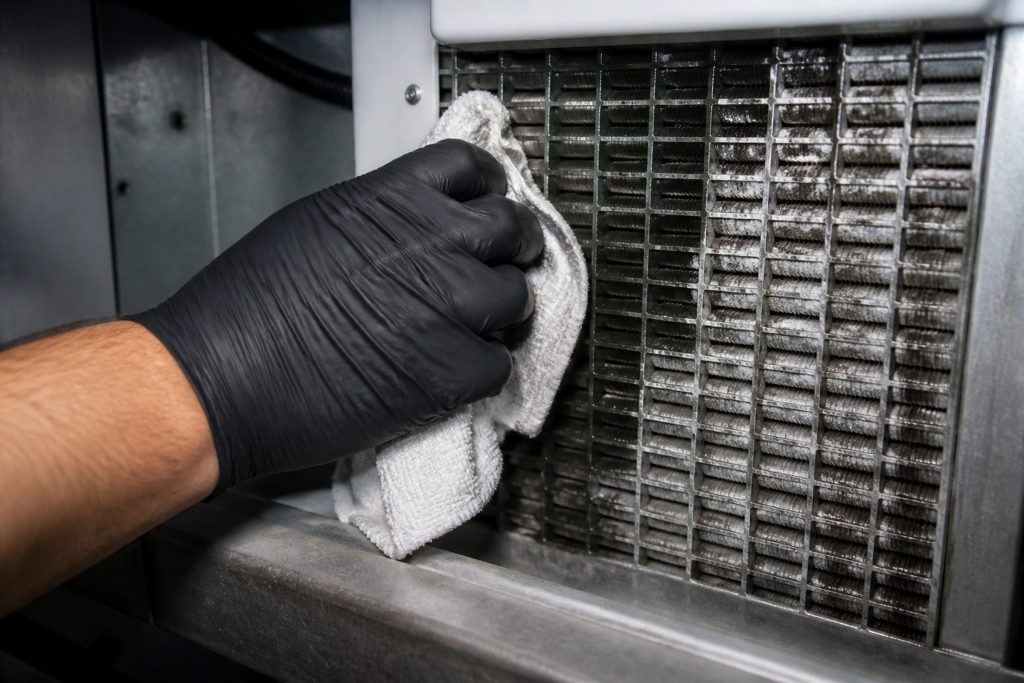 An evaporator plate out of an ice machine — the object a descale is about.