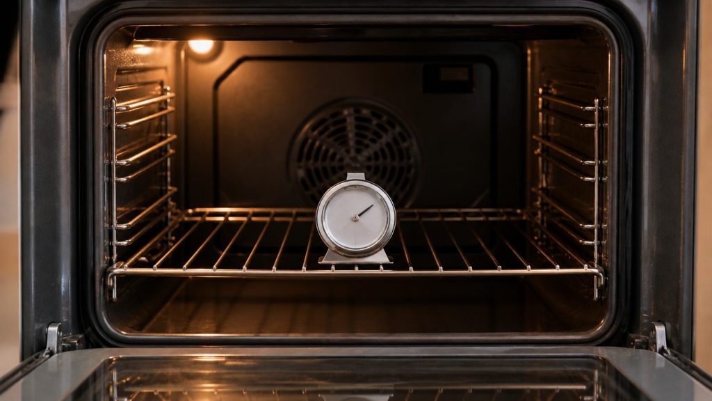 A dial oven thermometer on the rack
