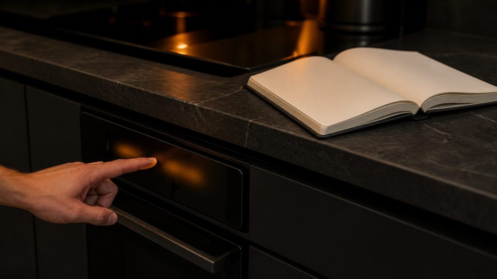 A finger resting on a built-in oven's fascia on a dark stone counter, an open blank notebook beside it