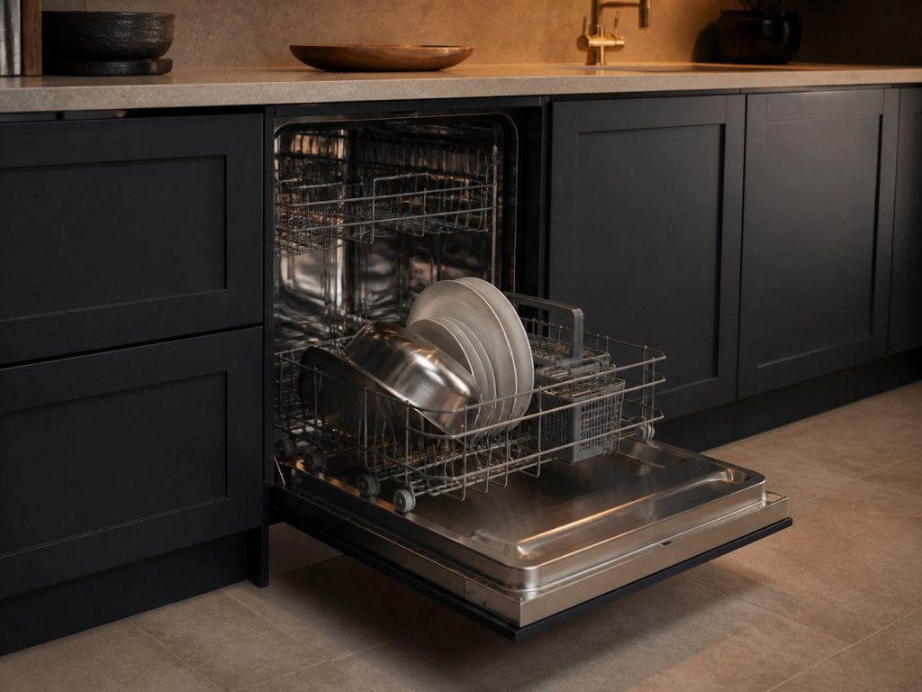 A BUILT-IN UNDERCOUNTER DISHWASHER installed below a counter, door open, lower rack out.