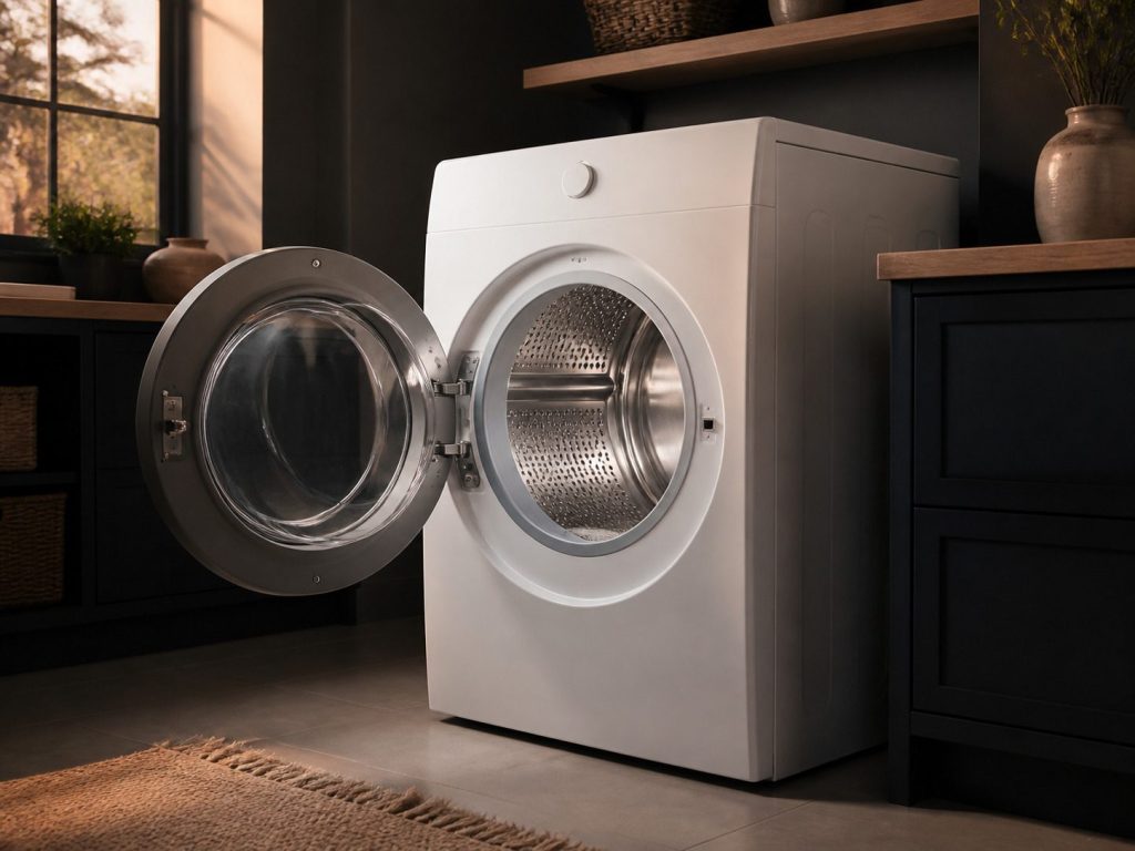 A FRONT-LOADING TUMBLE DRYER, round door open on an empty drum.