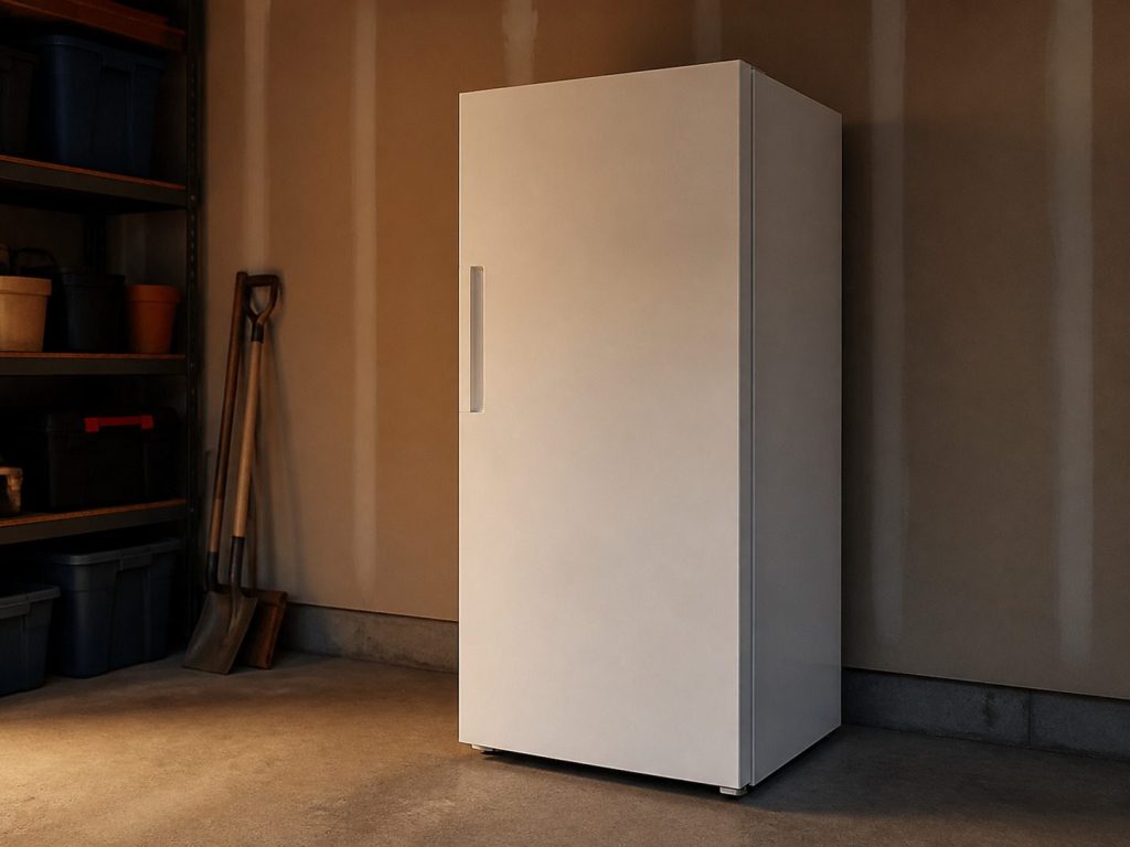 A WHITE UPRIGHT FREEZER standing alone, door closed, in a garage or utility space.