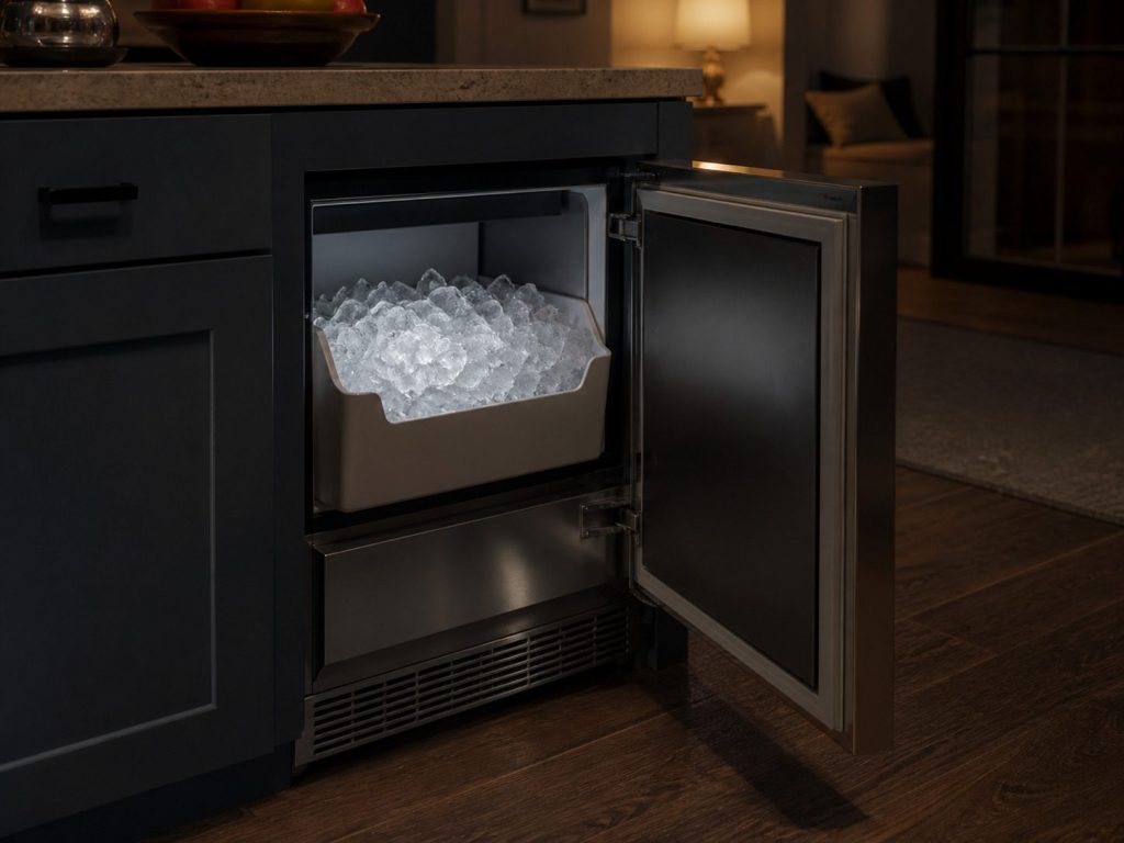 An UNDERCOUNTER ICE MAKER with its door open on a bin of clear cubes.
