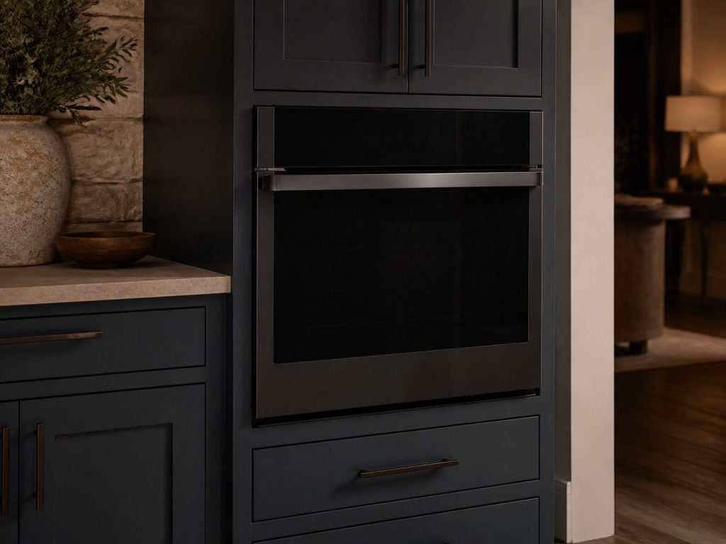 A SINGLE BUILT-IN WALL OVEN set into a cabinetry run, door closed.