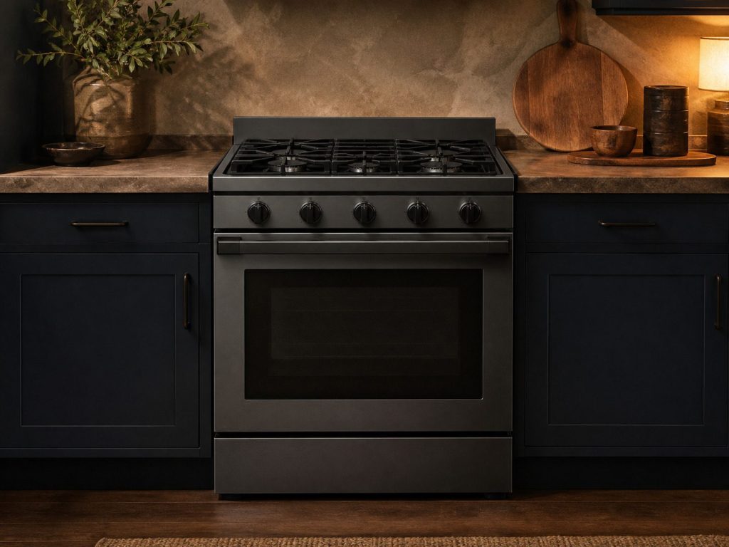 A THIRTY-INCH FREESTANDING GAS RANGE, cast-iron grates over sealed burners, oven door closed.
