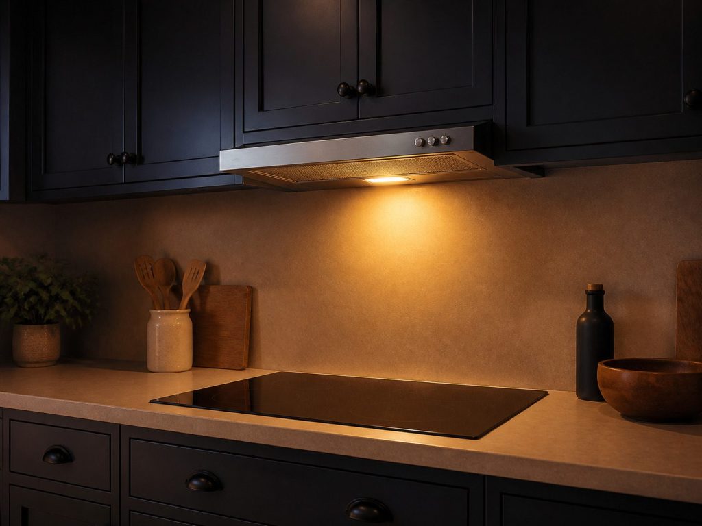 An UNDER-CABINET RANGE HOOD mounted beneath a wall cabinet above a cooktop, its work light on.