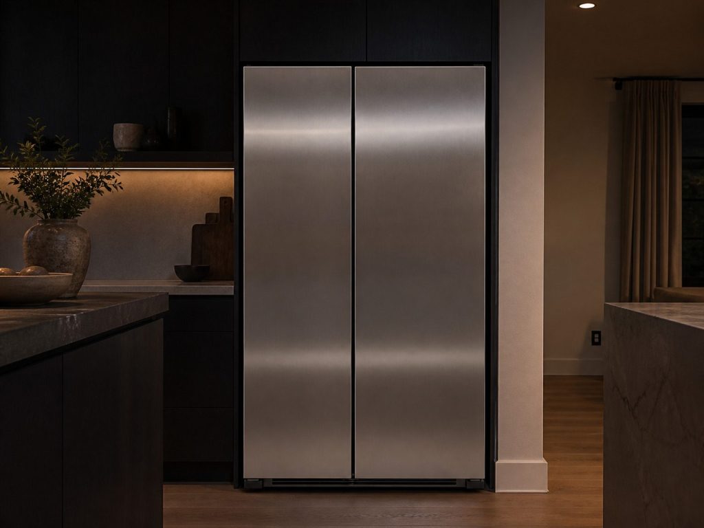 A tall STAINLESS SIDE-BY-SIDE refrigerator, both full-height doors closed, in a dark contemporary American kitchen.
