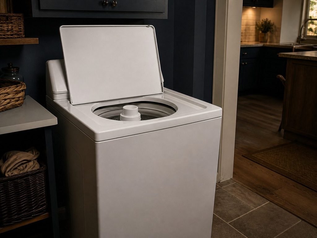 A WHITE TOP-LOADING washing machine, lid raised, agitator visible in the basket.