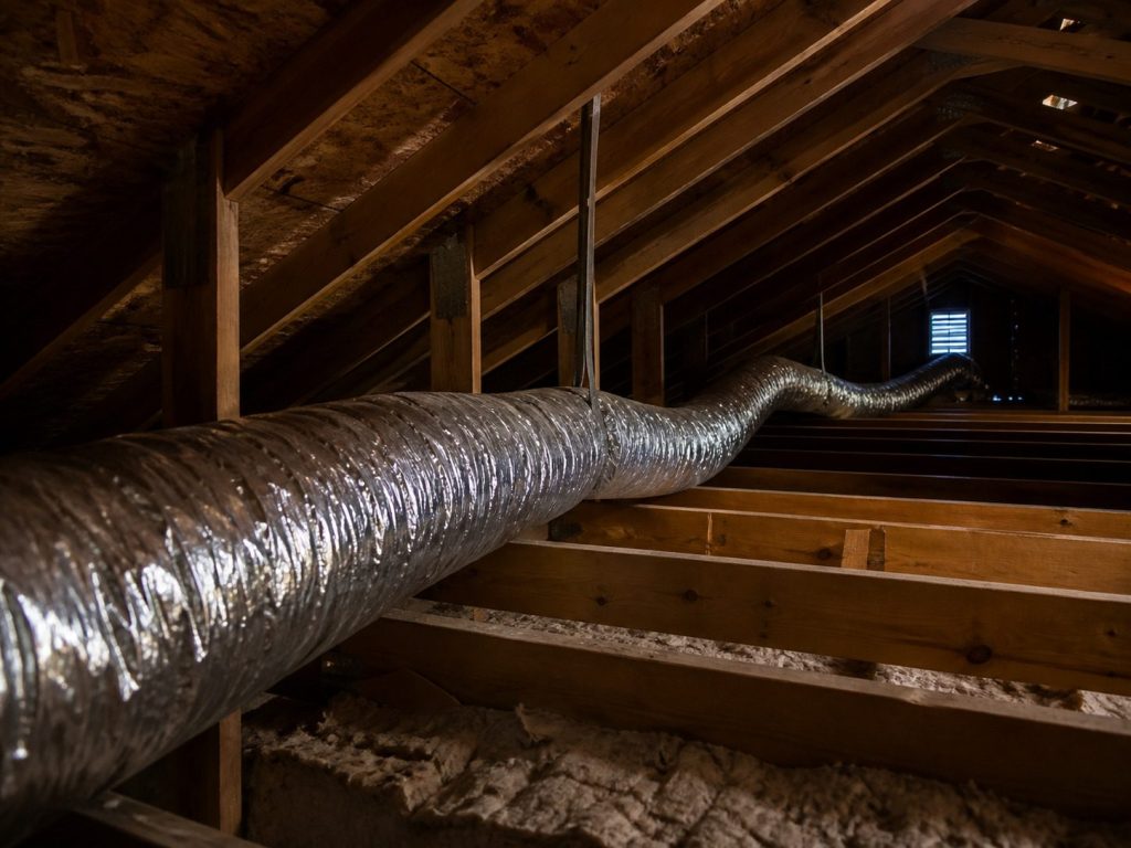 A flexible duct sagging across joists towards a distant vent.