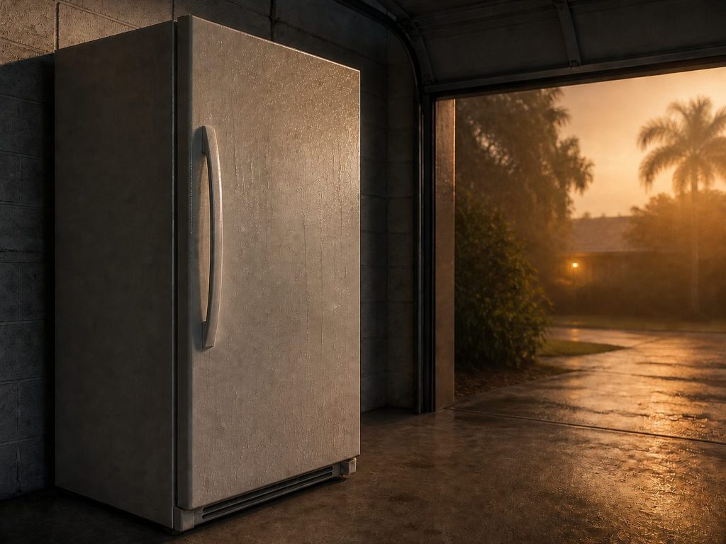 An upright freezer against a garage wall with the roller door up behind it.