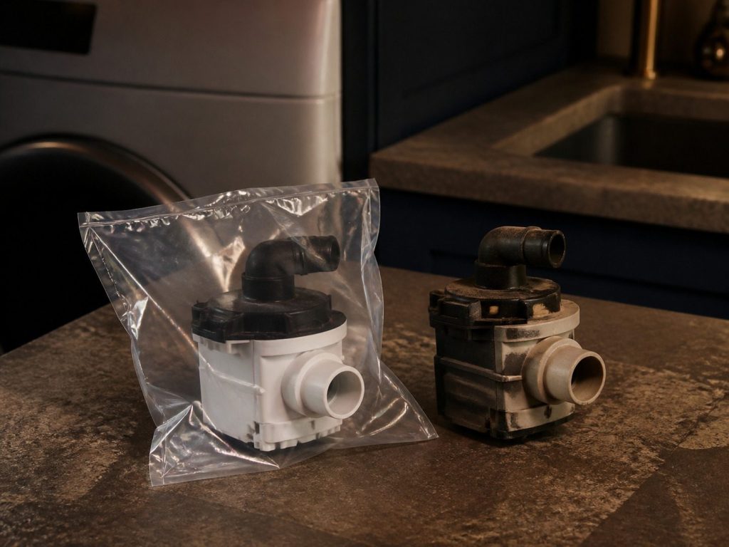 A new component in a clear bag beside the worn one it replaces.