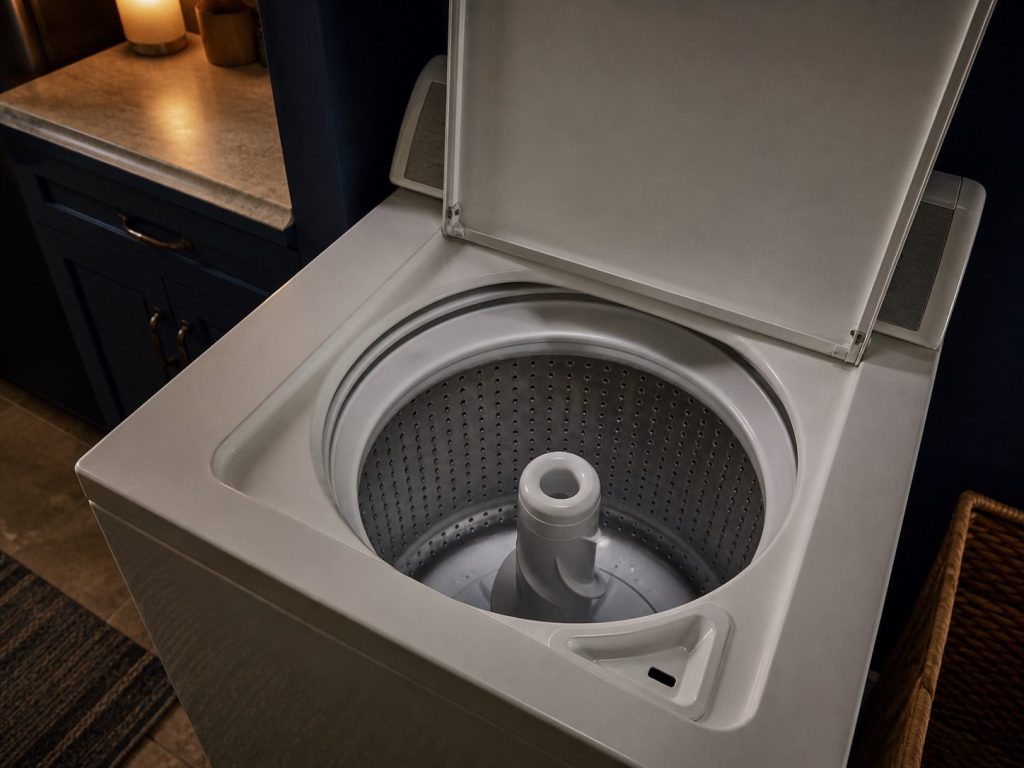 A top loader from above, lid up, agitator in an empty basket.