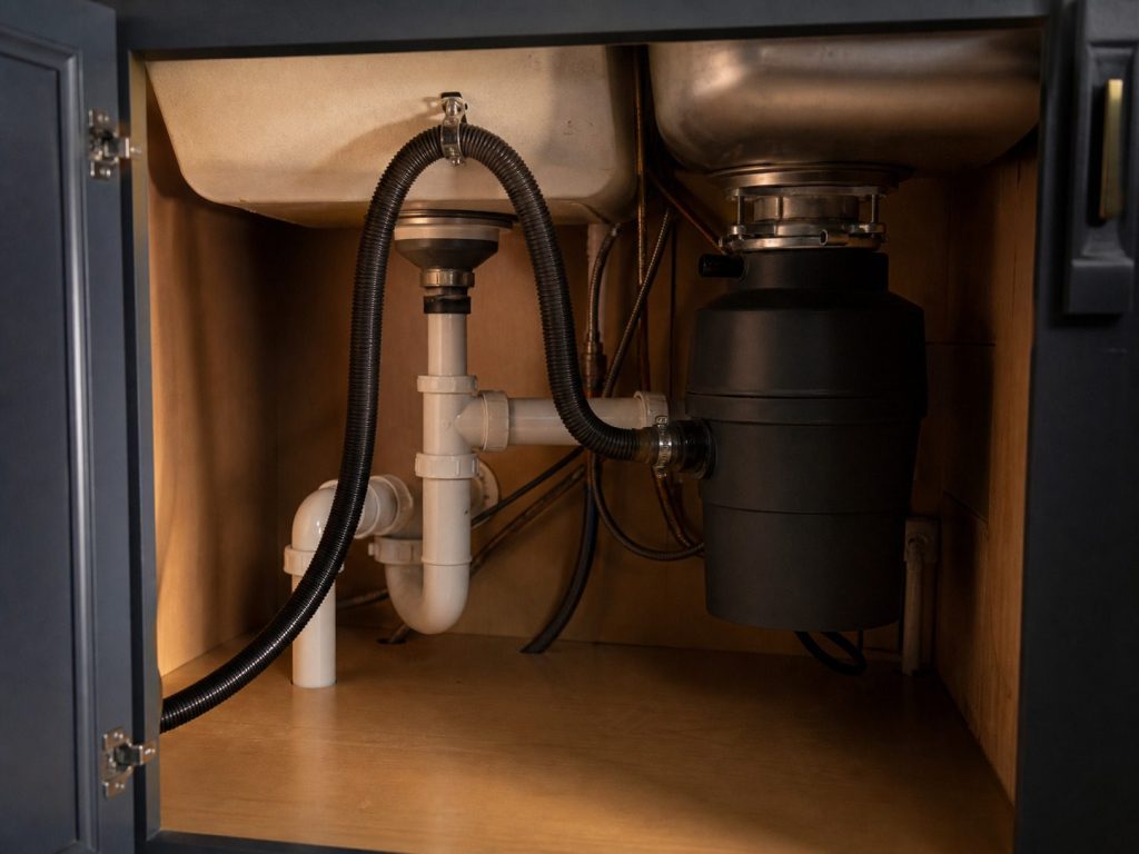 The cabinet under a sink with the drain hose looped high and clamped to the disposal inlet.
