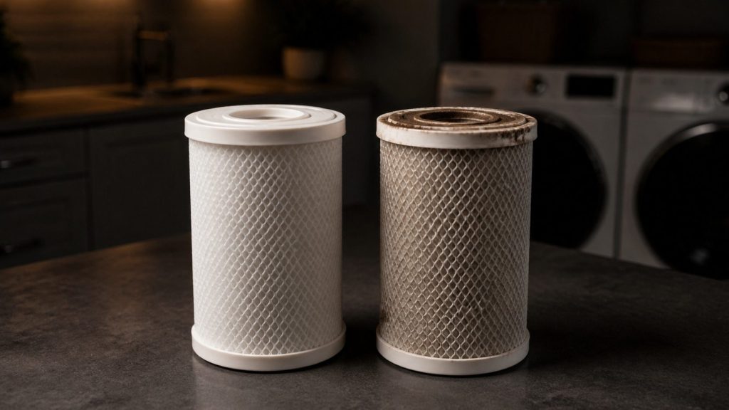 Two cylindrical cartridges side by side, one clean and one stained at the inlet.