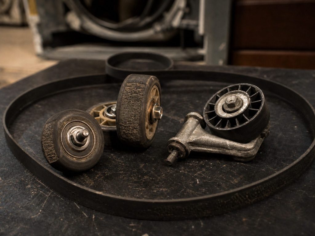 Worn drum rollers and an idler pulley on a bench with a dryer belt.