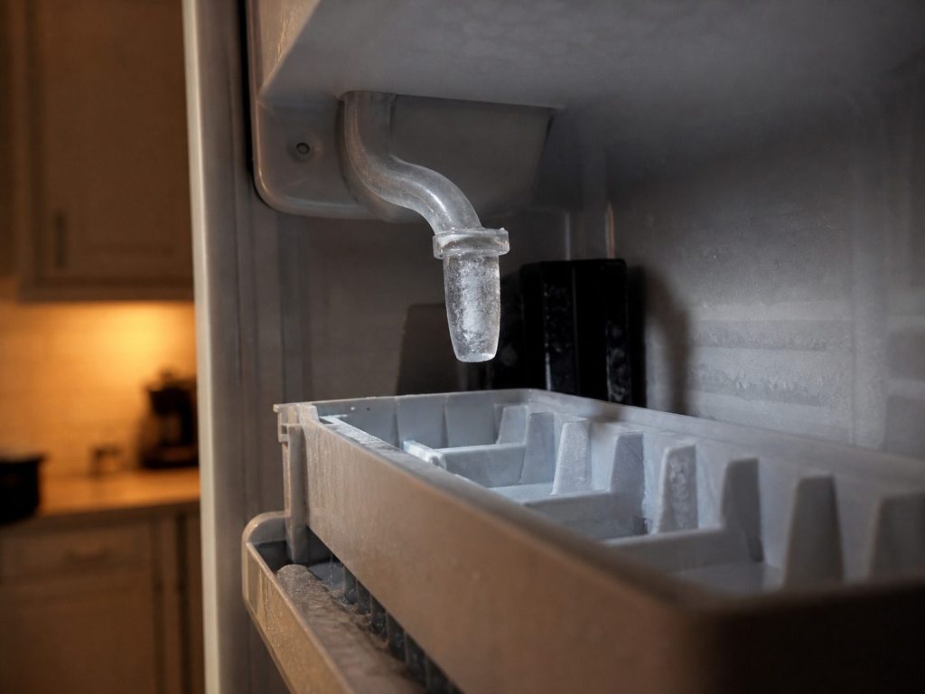 The fill tube above an icemaker mold with a plug of ice frozen in its mouth.