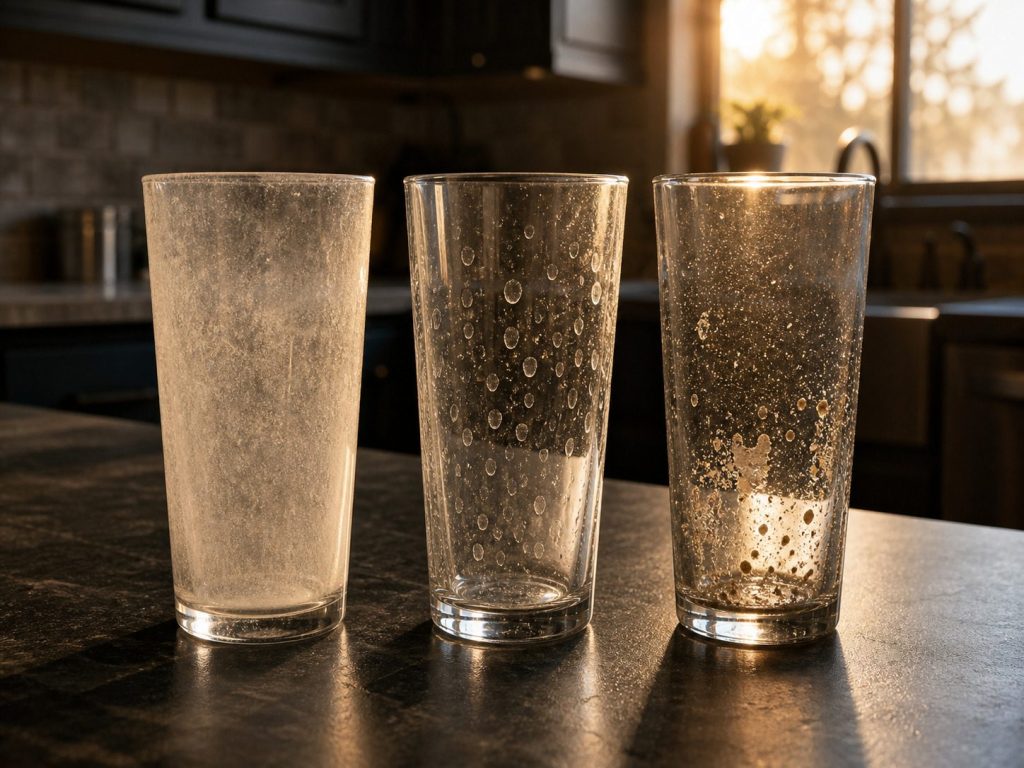 Glasses backlit so film, droplet spotting and grit read as three different problems.