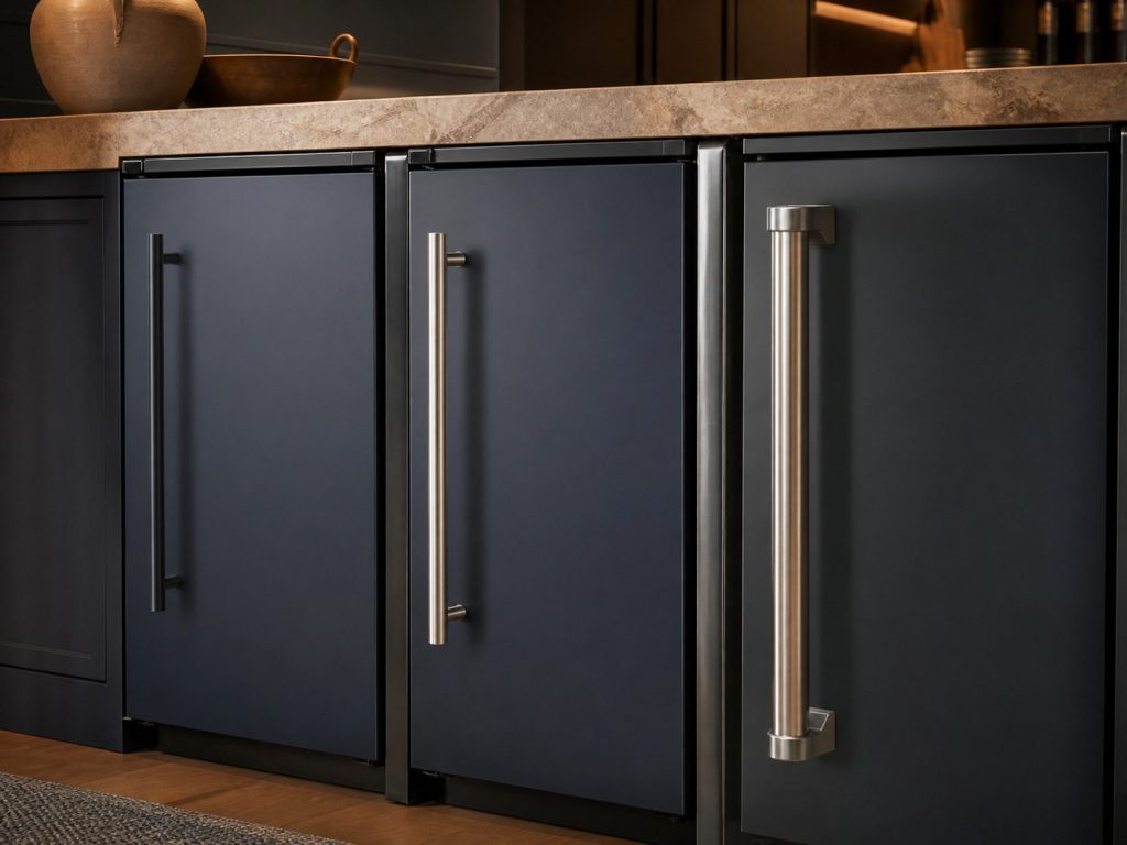 Appliance door handles of different weights in one kitchen — a painted bar, a brushed bar, a heavy professional bar.