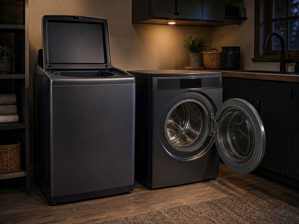 BOTH machines in one frame: an American top loader with its lid up next to a front loader with its door open.