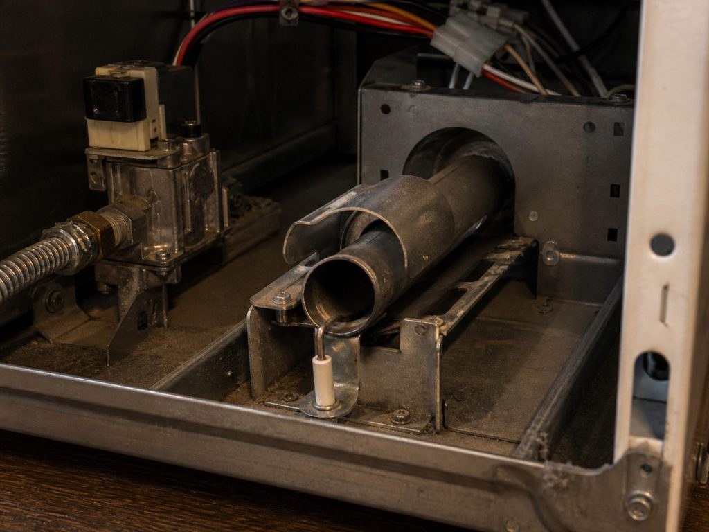 The burner assembly at the base of a gas dryer with the ceramic igniter in front of the burner tube, unlit.