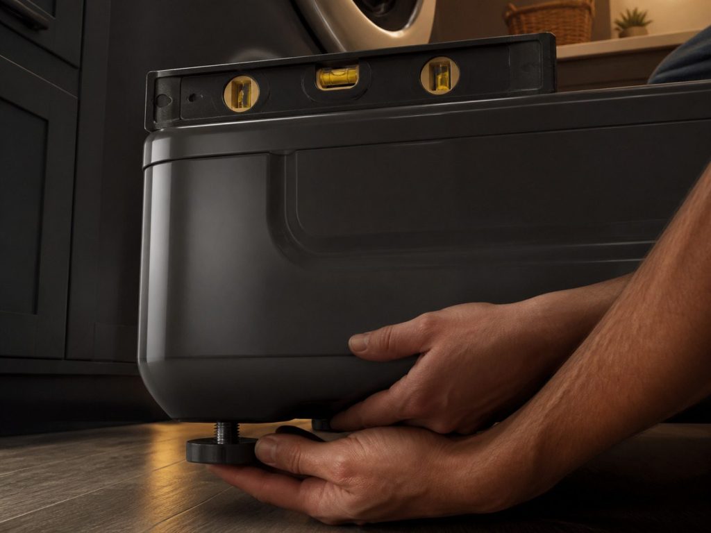 Hands turning the leveling foot of a machine with a spirit level on top.
