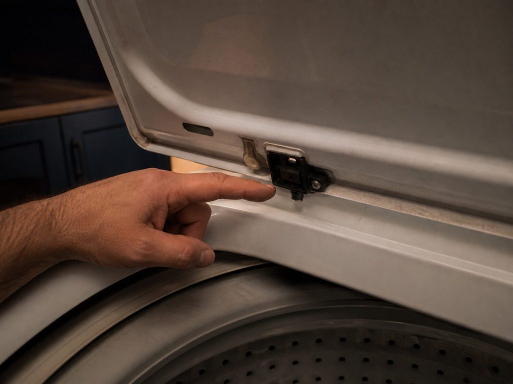 The underside of a raised top-loader lid and the lid switch in the cabinet rim.