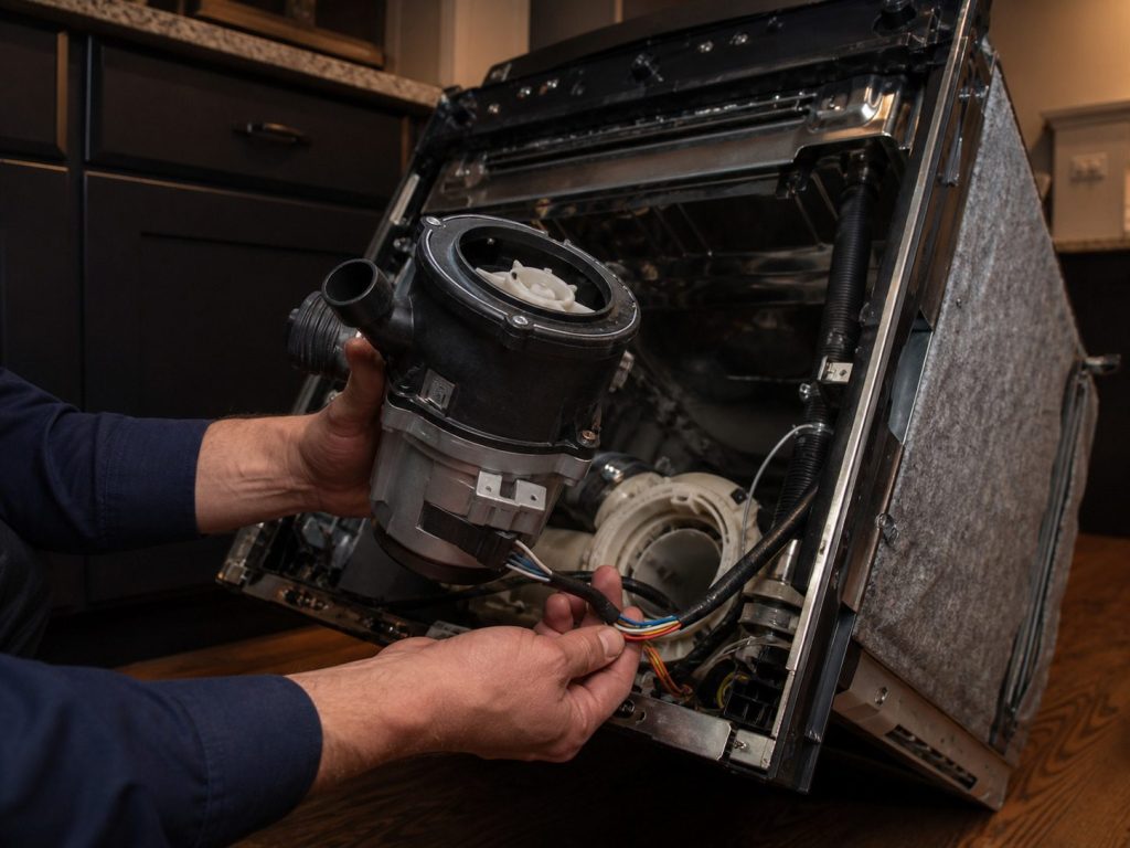 A dishwasher tilted back with its base open and the circulation pump lifted clear on its wiring.