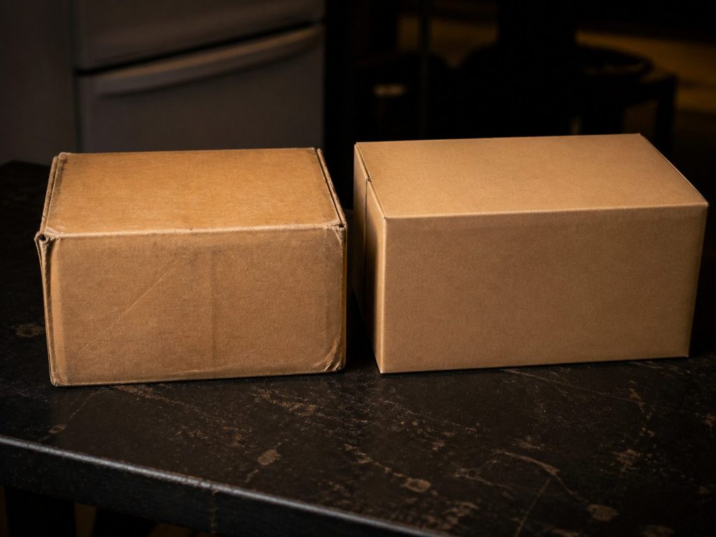 Two plain unmarked part boxes side by side on a dark bench, one scuffed and one new.