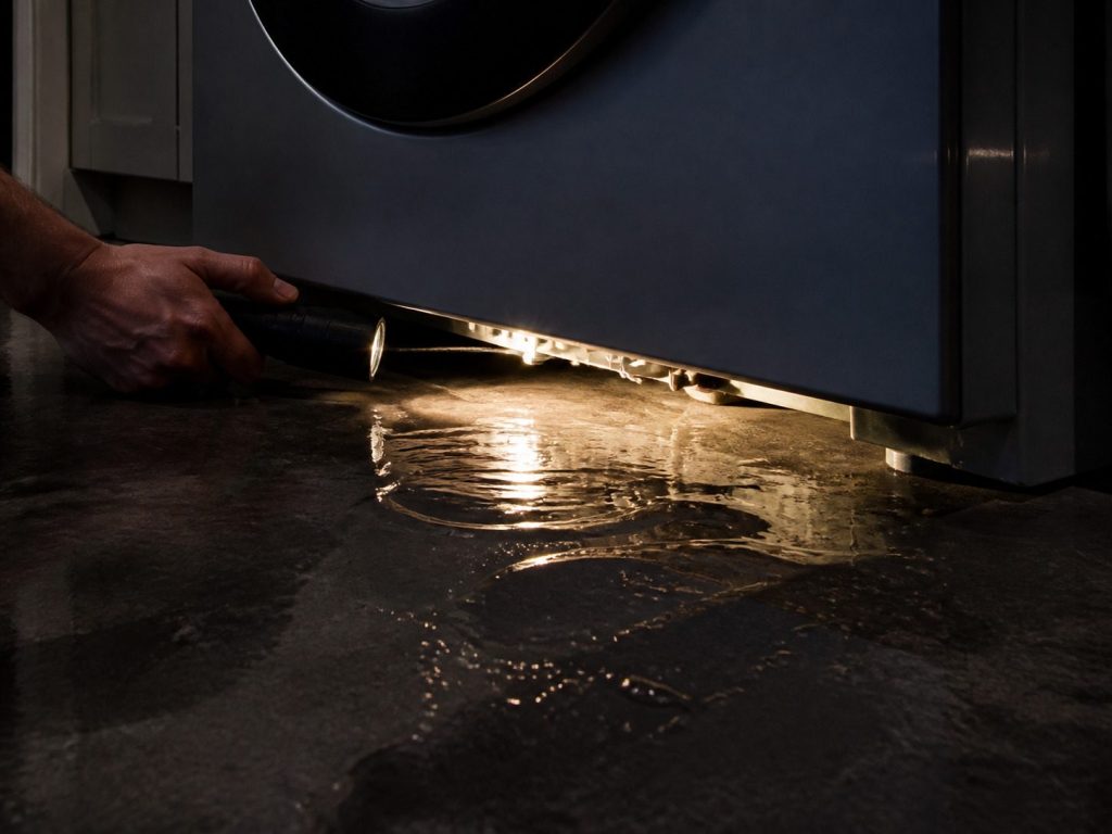 A sheet of water spread across a dark floor under the front of a machine, a torch low across it.