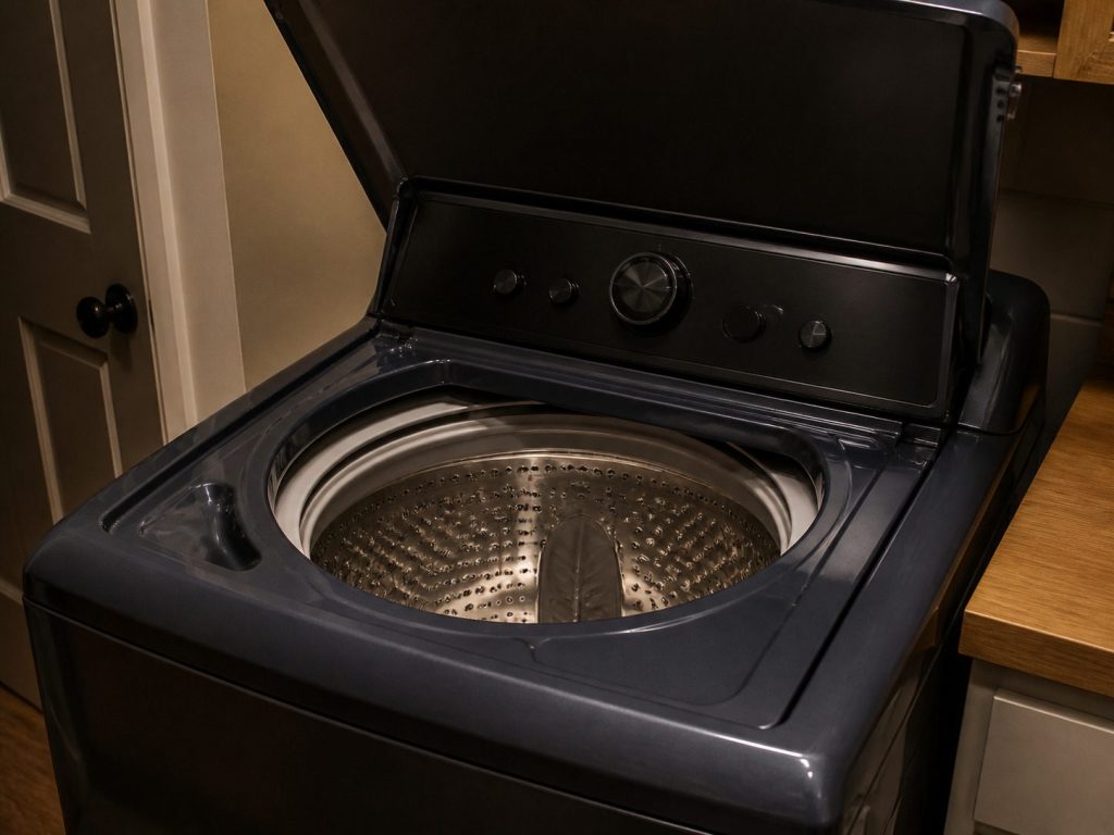 A top loader with its lid raised on an empty dry basket and no light anywhere on the console.