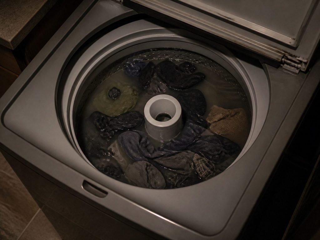 Looking down into a TOP LOADER's basket with a load sitting submerged in grey water.