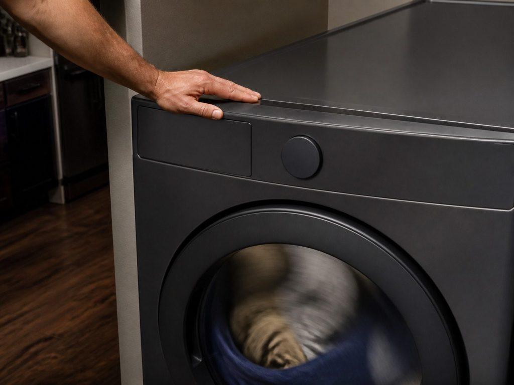 A hand flat on the top of a running dryer with the load blurred through the door.