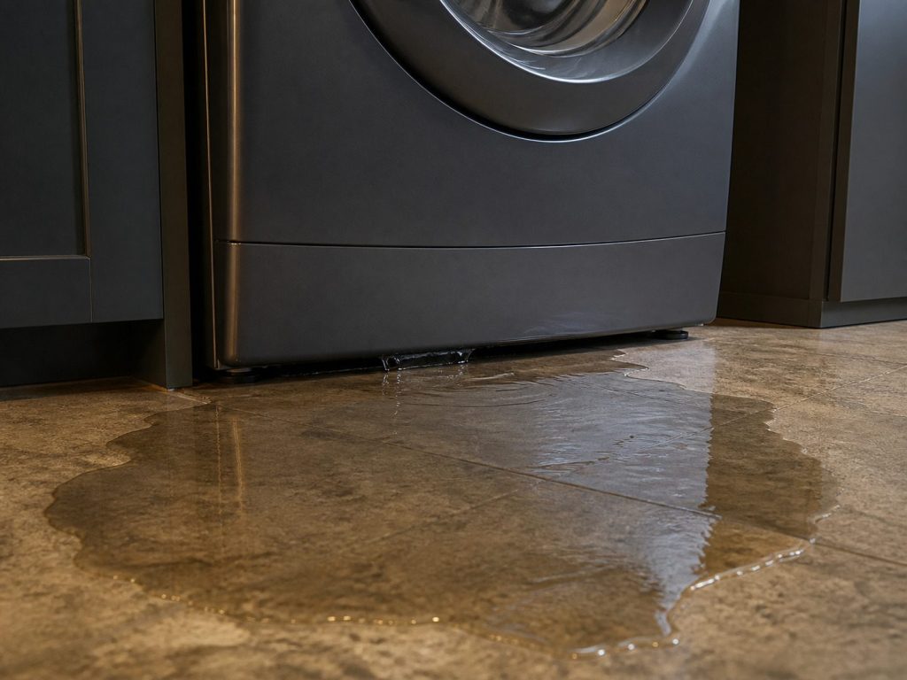 A widening puddle across a floor from under the front of a washing machine.