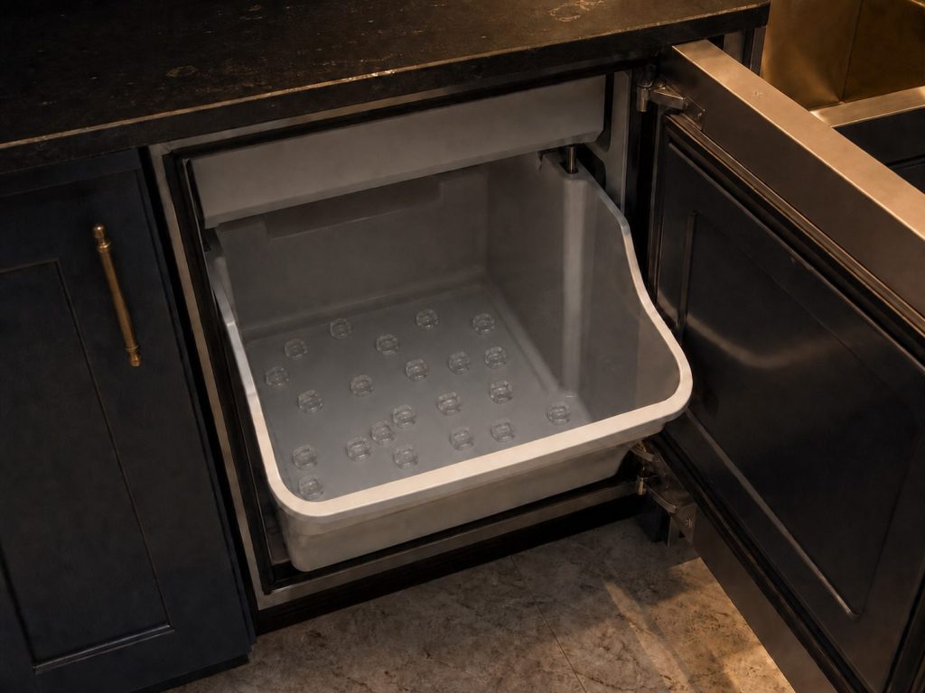 An undercounter ice maker's bin with a single thin layer of cubes and bare plastic everywhere else.