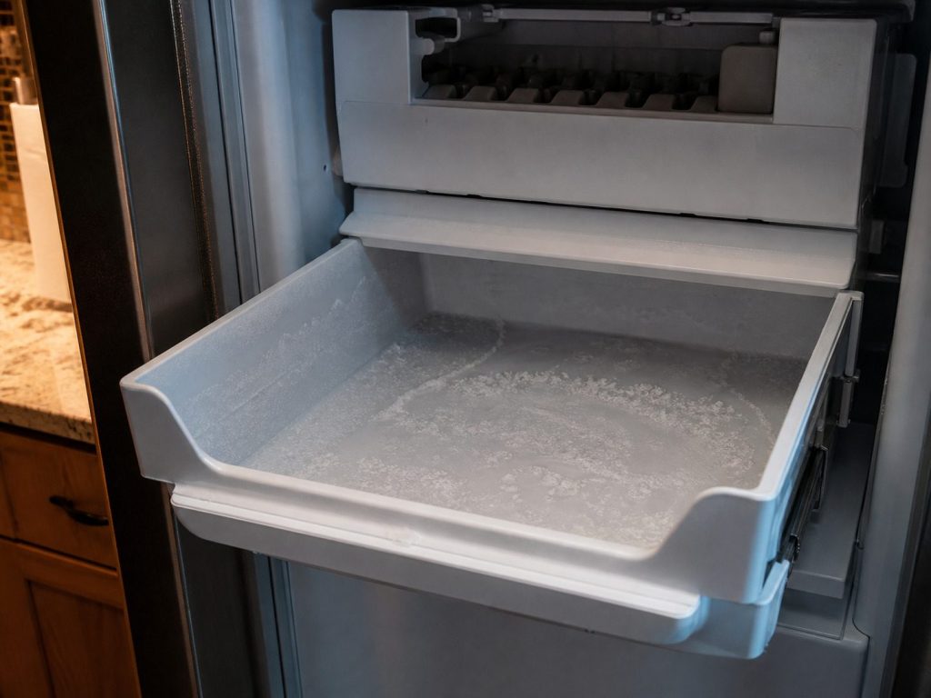 An ice bin pulled out with nothing in it but frost, the icemaker module above.