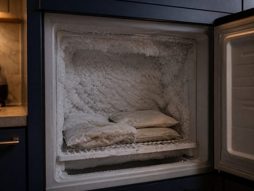 Thick frost grown over the back wall of a freezer and around the packets on the shelf.