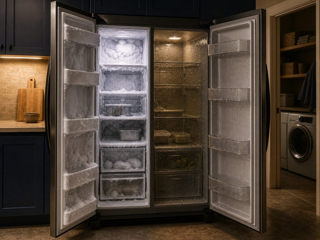 A side-by-side with BOTH doors open, one compartment frosted and the other beaded with condensation.