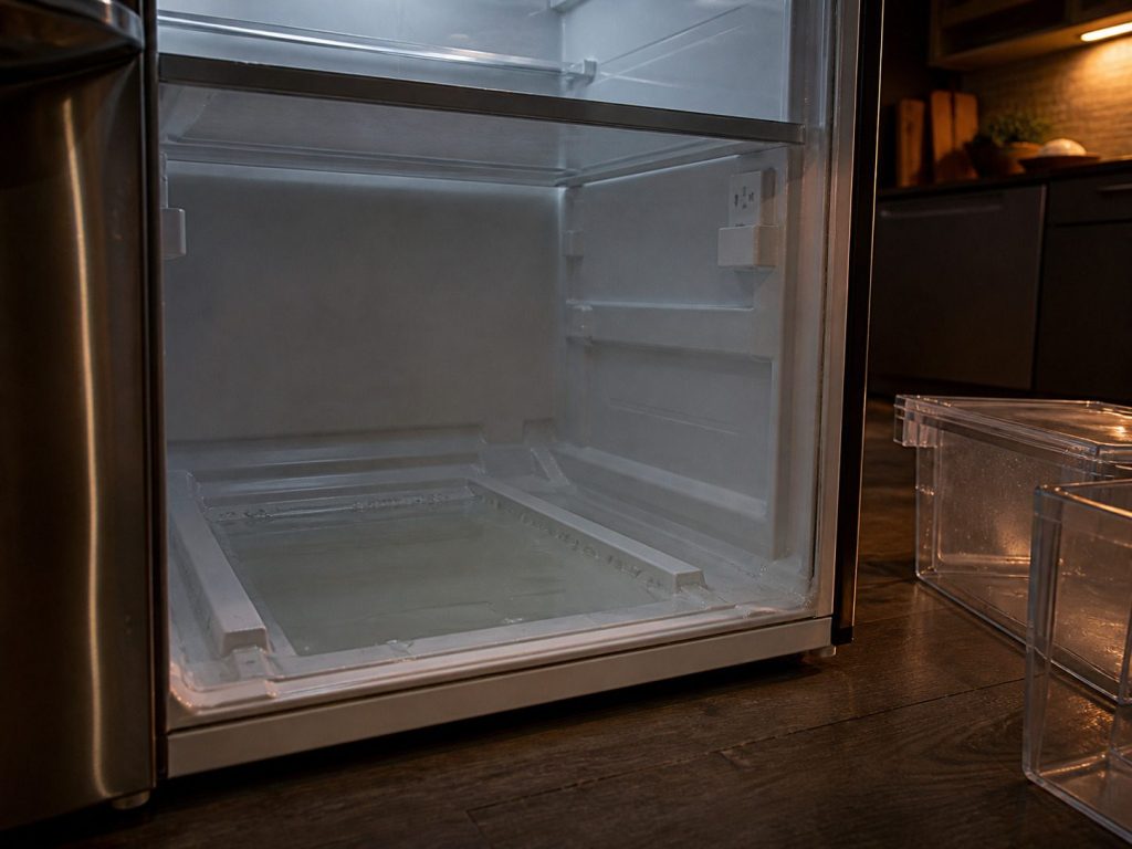 Crisper drawers out and a shallow pool of water lying on the liner beneath them.