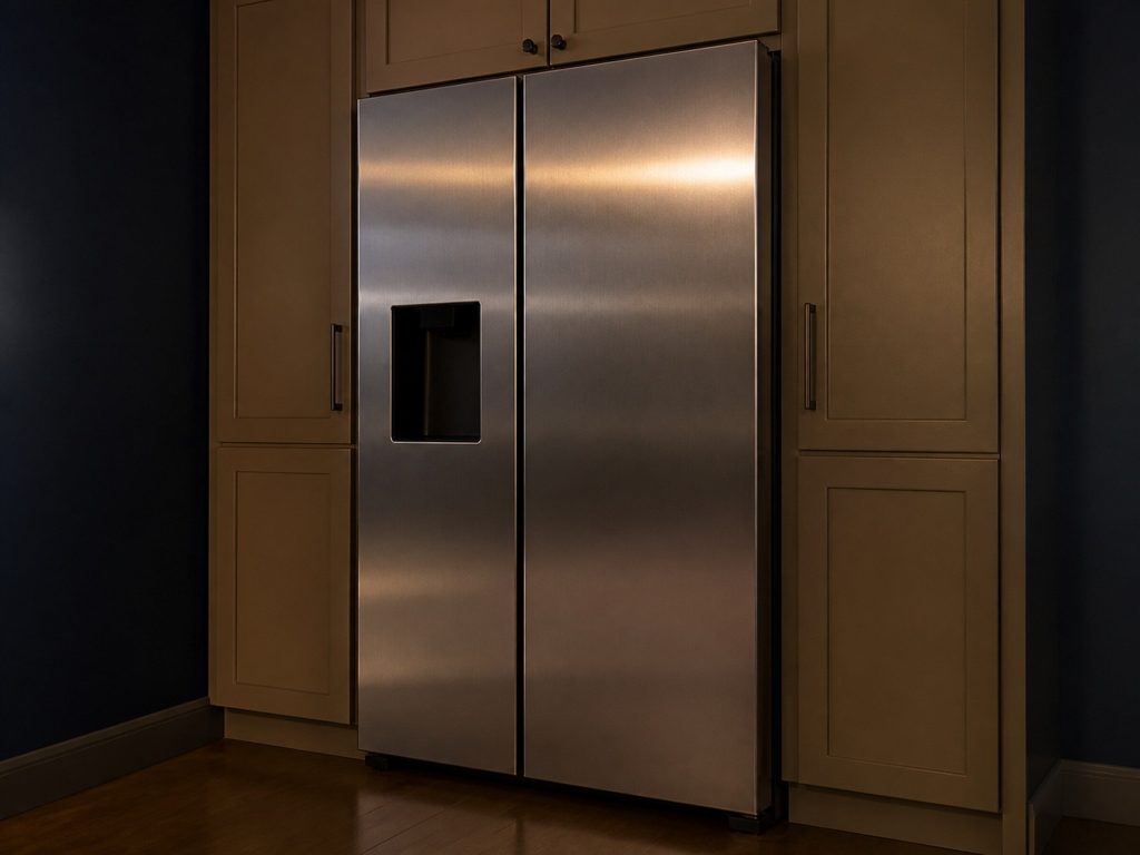 A tall stainless side-by-side refrigerator in a dark slate-blue kitchen, two full-height doors and a dispenser recess in the left door, its panel dark and blank