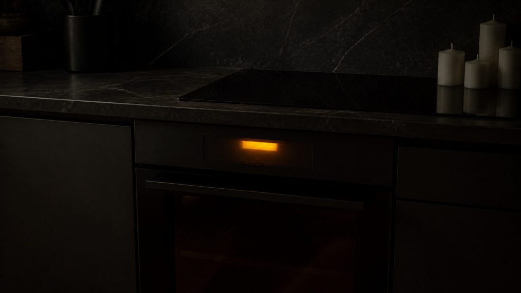 A very dark kitchen with a single warm indicator lit on an appliance fascia and nothing else legible