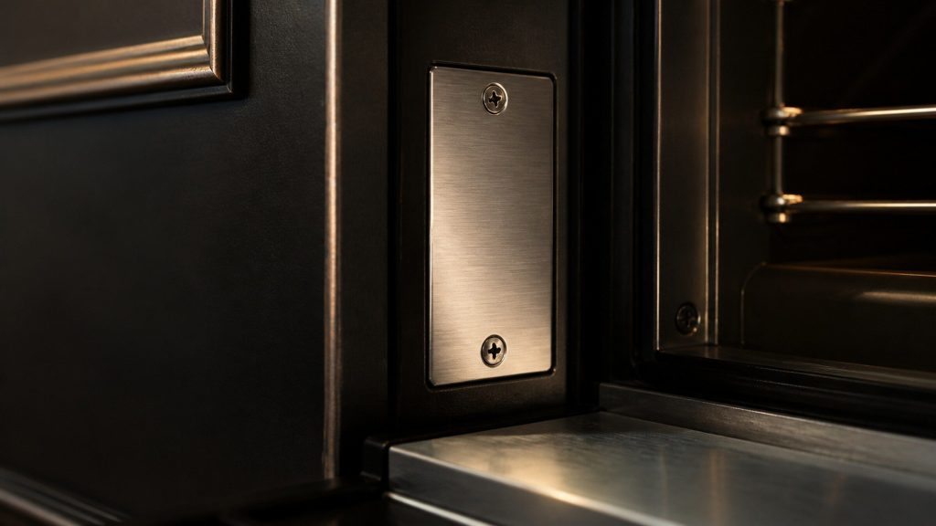 A small stainless plate riveted to a dark appliance door frame, warm light raking across the bare metal