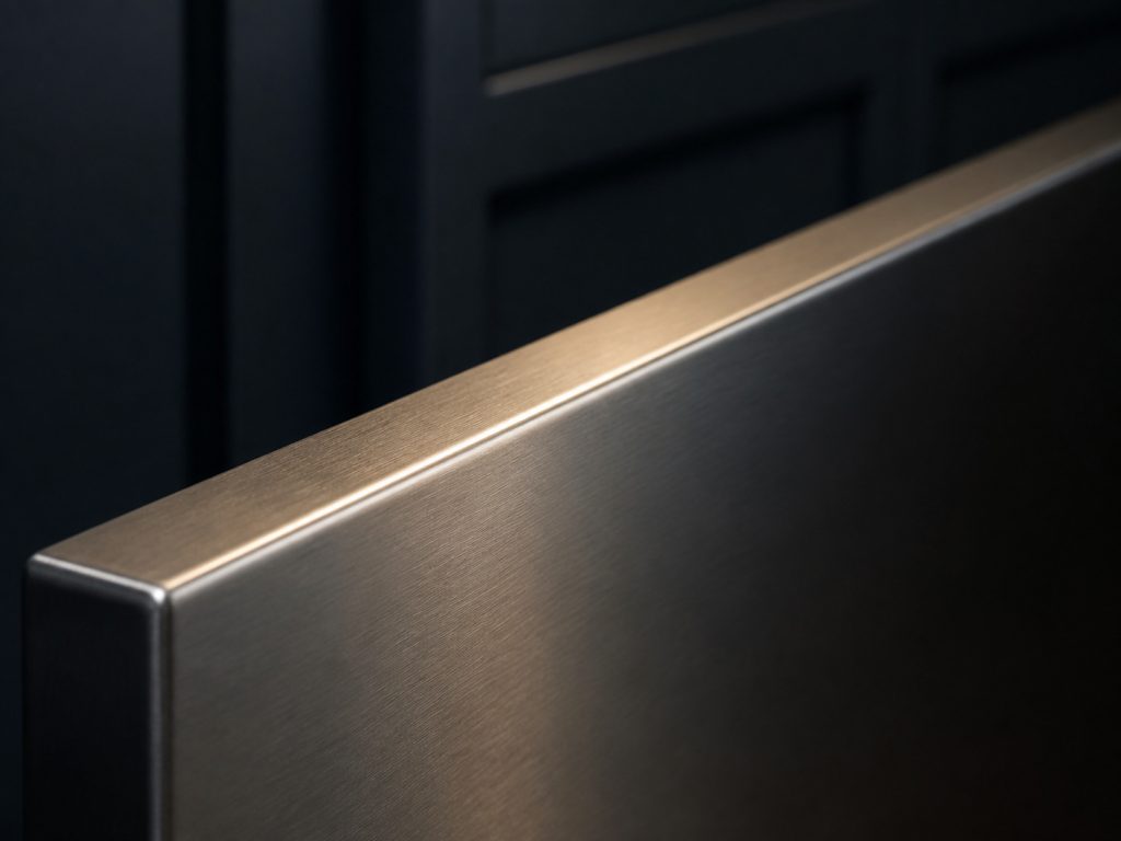 A close view along the top edge of a stainless appliance door in a dark kitchen, at the exact place a maker puts its name, and the strip is bare brushed metal.
