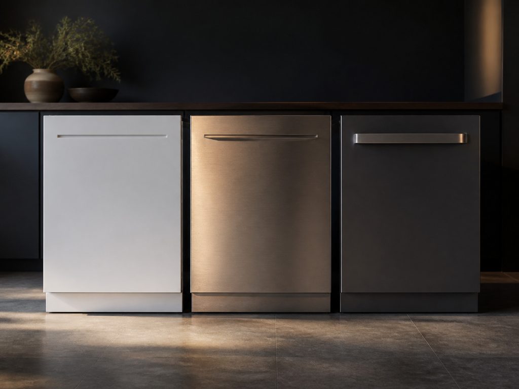 Three identical appliance door fronts standing side by side in one dark room, the same machine in three finishes — painted white, brushed stainless and dark graphite — each with a different weight of plain unmarked handle, lit warmly from one side against deep shadow.