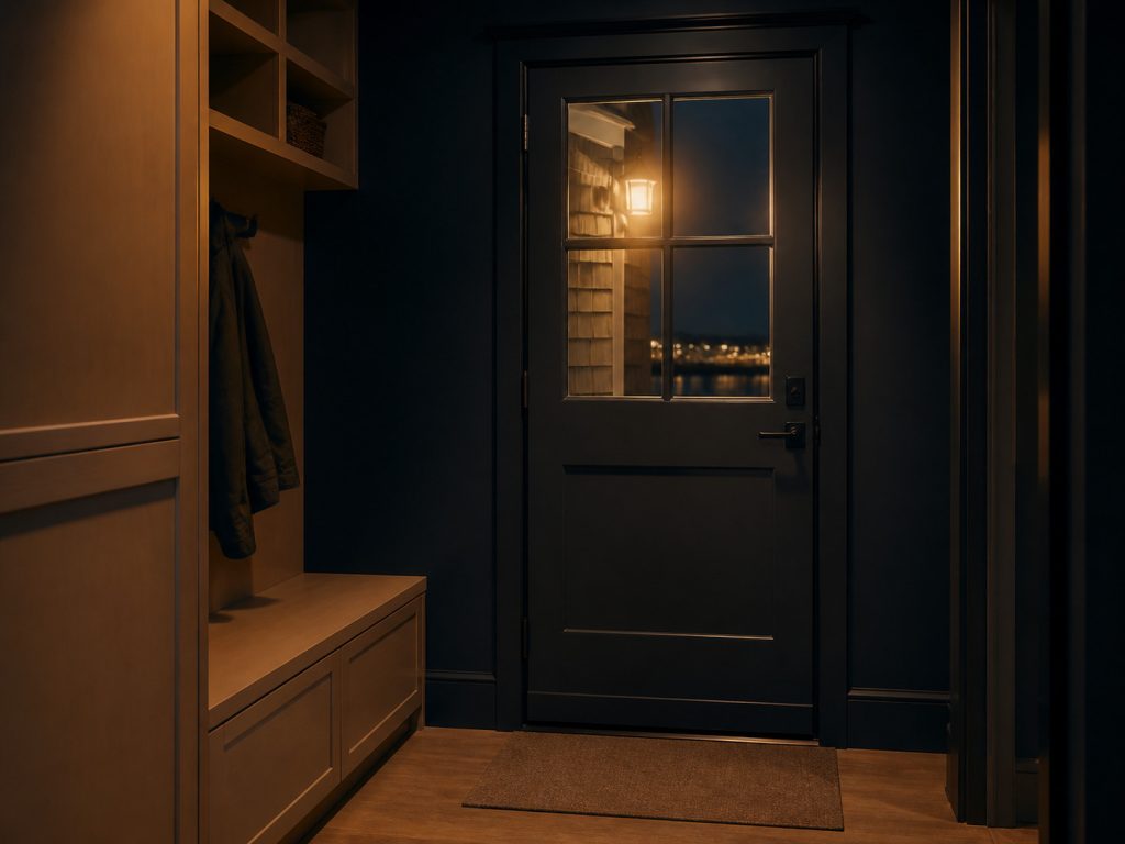 A front door with the porch light on.