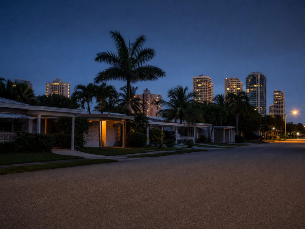 A photograph looking down a South Florida residential street at dusk, from the pavement.