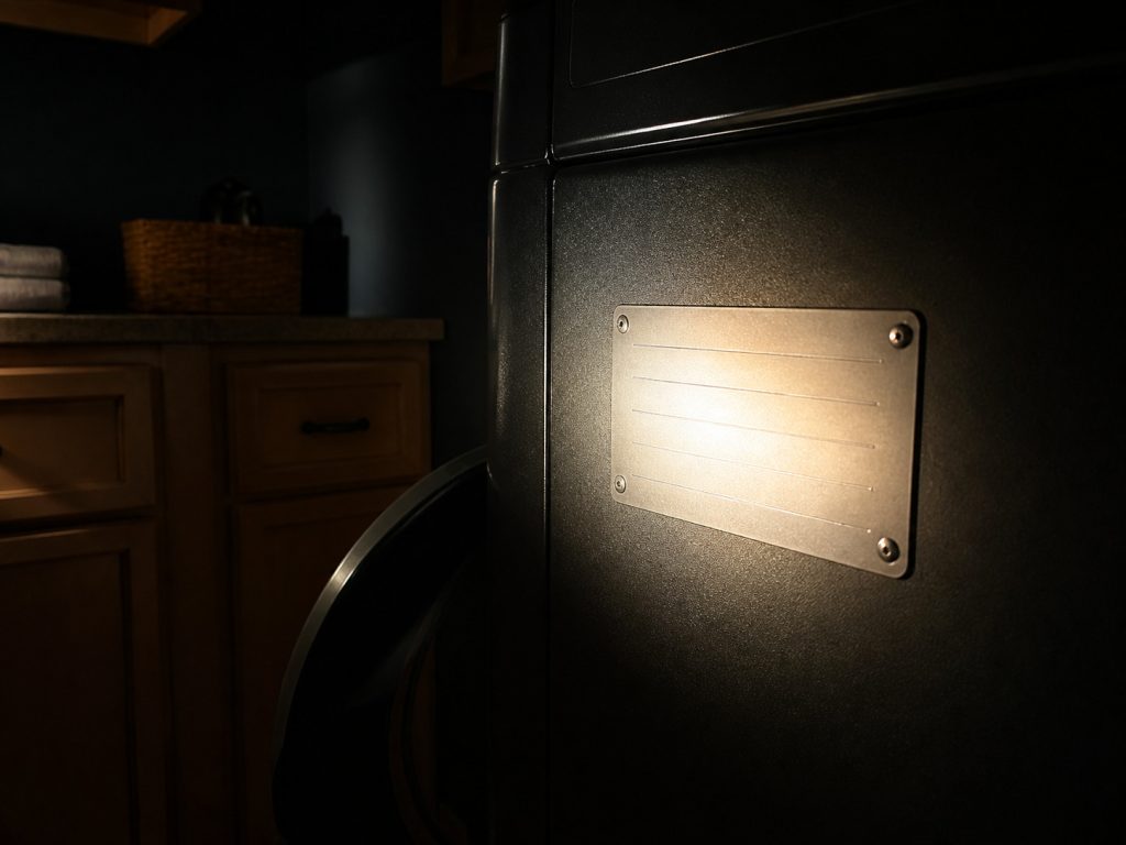 A torch beam on a rating plate in a dark space.
