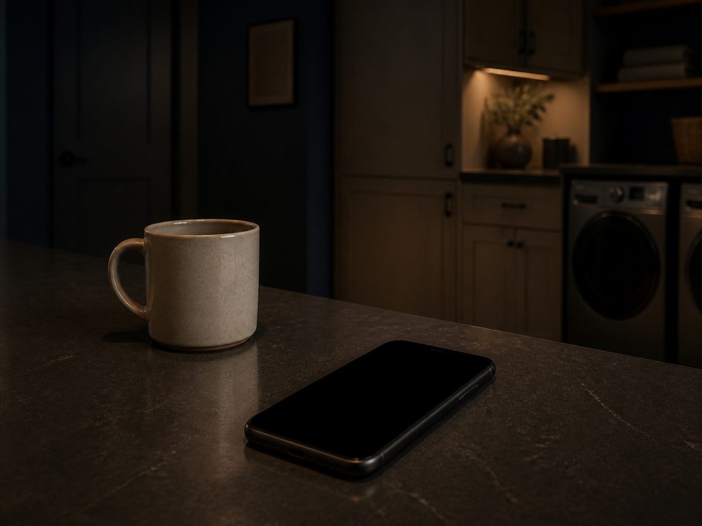 A phone lying on a dark counter beside a mug.
