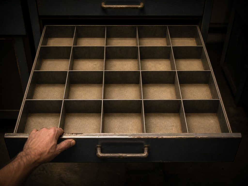An open parts drawer in a dim workshop with every compartment in it empty — bare metal dividers, one sheet of dust, nothing in any bin — a hand resting on the drawer front, one warm lamp above and deep shadow behind.