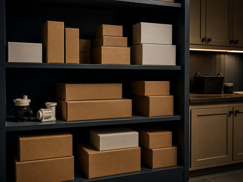 Plain unmarked part boxes stacked on a shelf — the split says the parts in a Kenmore are somebody else's volume parts.